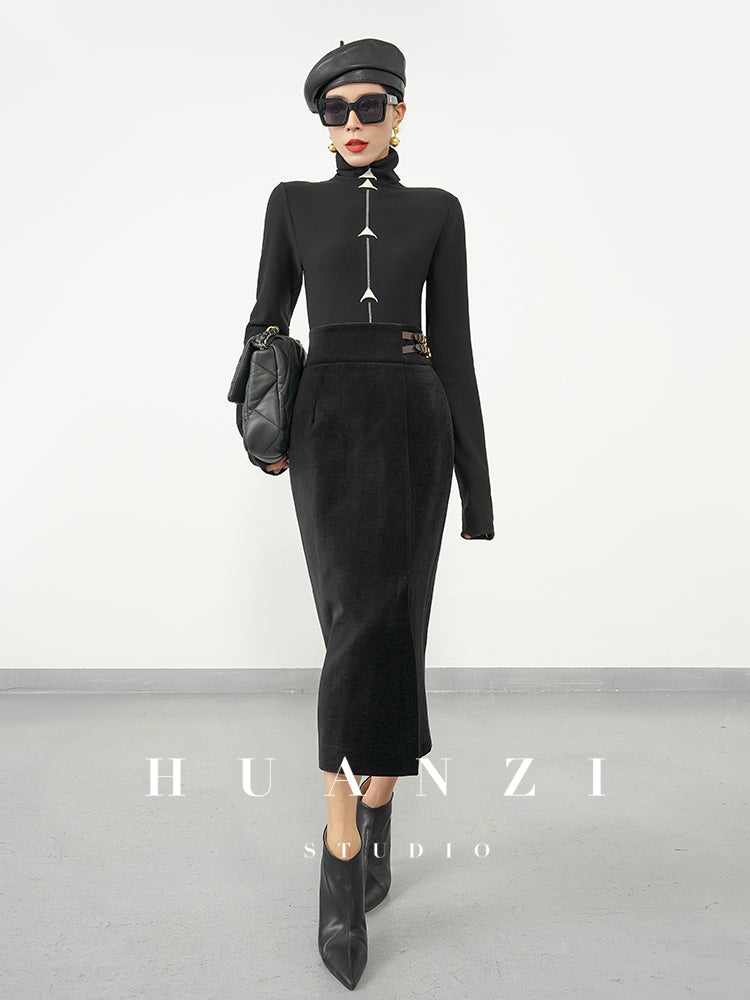 Huanzi new French velvet fashionable high waist slim and small slit skirt female- Elvin