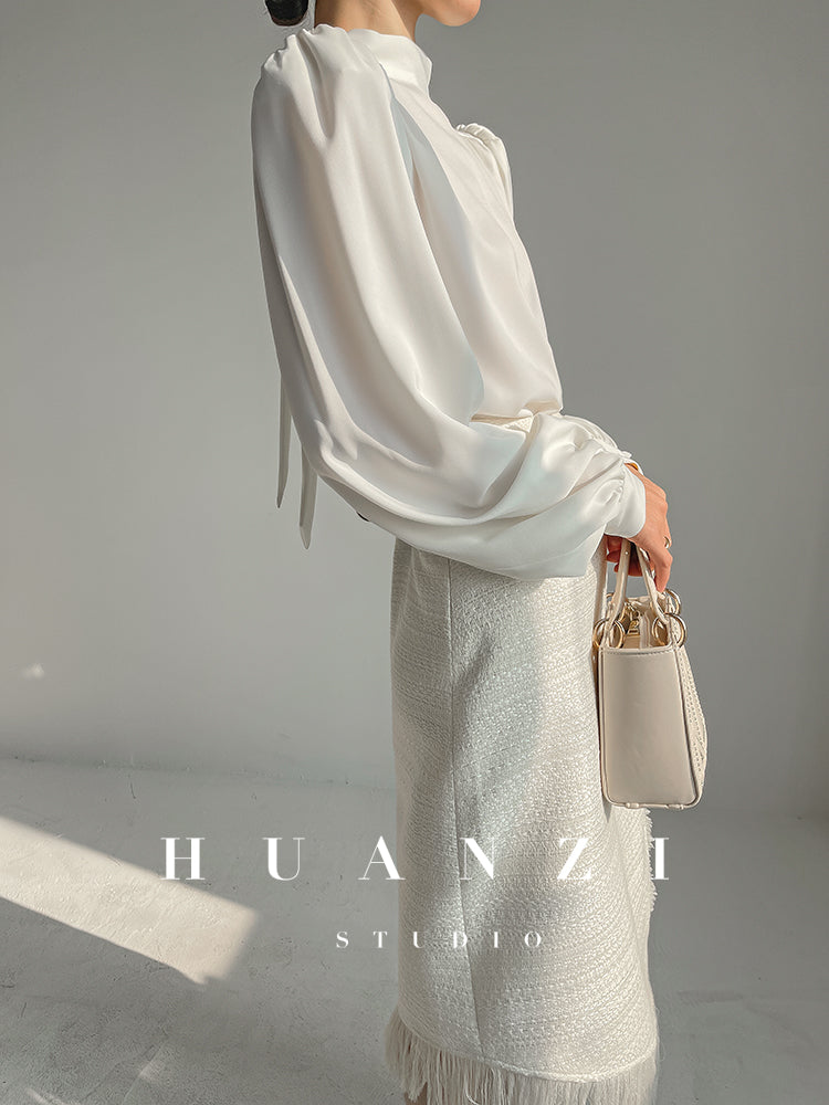 Huanzi new puff sleeves silk satin shirts top blouse - Oitr green