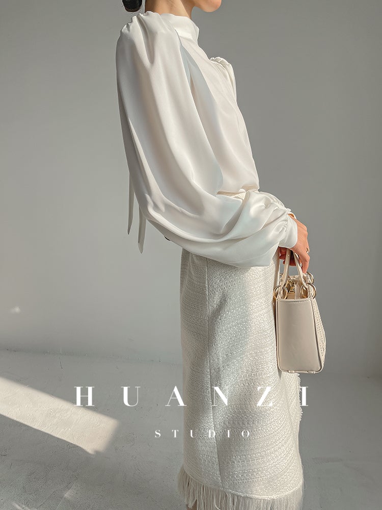 Huanzi new puff sleeves silk satin shirts top blouse - Oitr