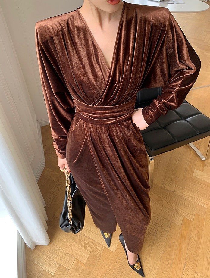 Brown WANXO French red pleated velvet dress new gold-like waist bottoming skirt- Winny