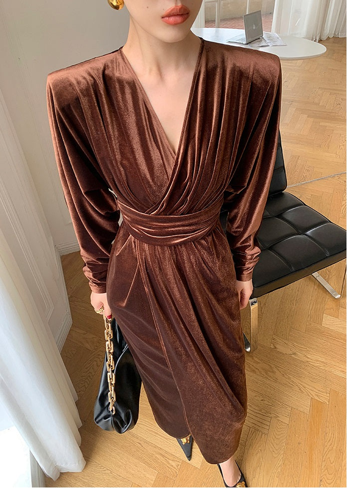 Brown WANXO French red pleated velvet dress new gold-like waist bottoming skirt- Winny