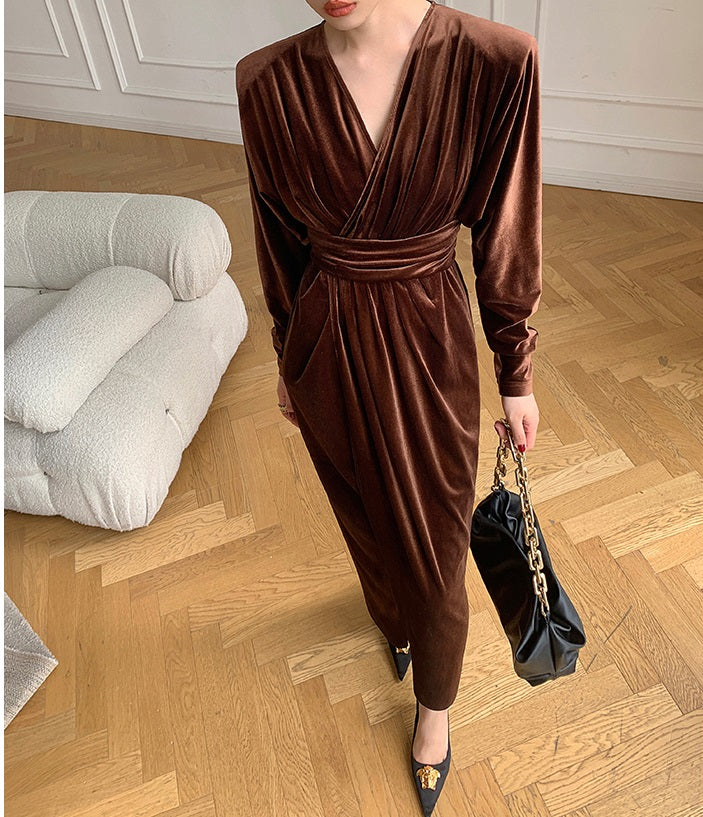 Brown WANXO French red pleated velvet dress new gold-like waist bottoming skirt- Winny