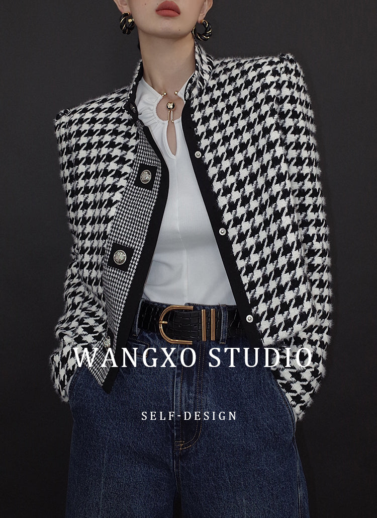 High end stand collar woolen classic houndstooth top coat jacket blazer - Setti