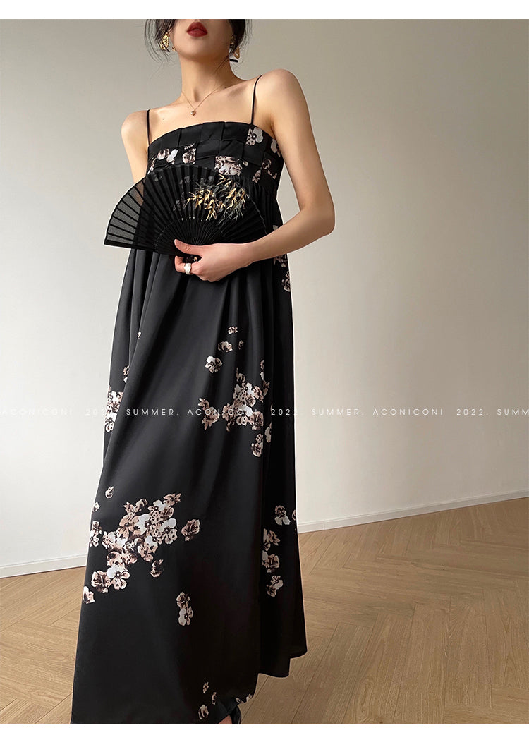 Aconiconi|Luxury French japanese retro print tube top suspender loose dress - Kimiko