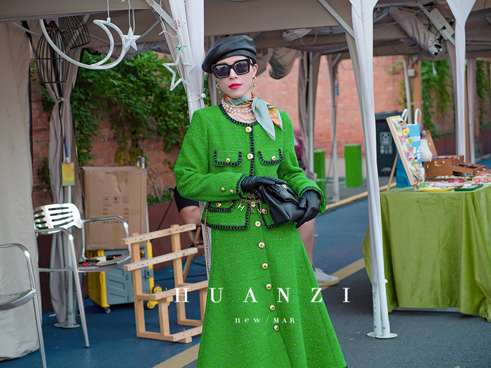 Huanzi tweed wool small suit autumn and winter new green short coat suit set- Lilibeth