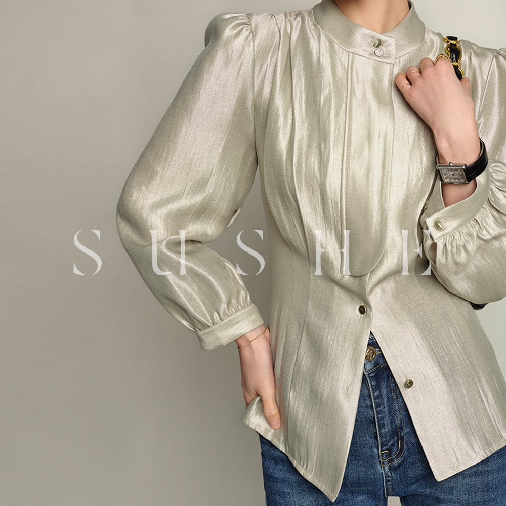SUSHE Gold Series Retro Spring Women's 2023 Loose Stand Collar Shirt -Star