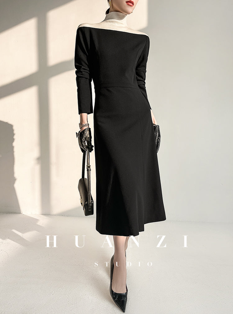 Huanzi new elegant classic black high turtle neck dress - Kios