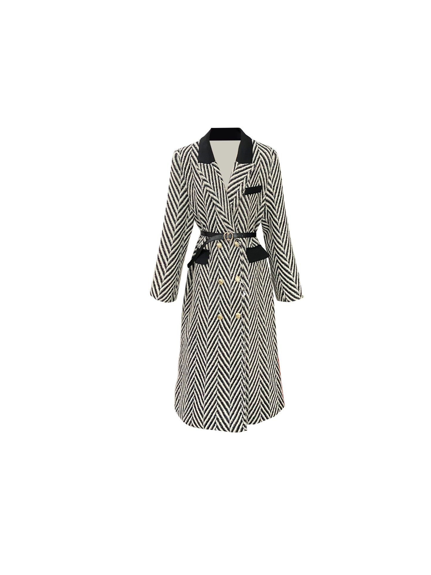Design sense niche high-end black and white herringbone stitching classic suit collar long coat- Duli