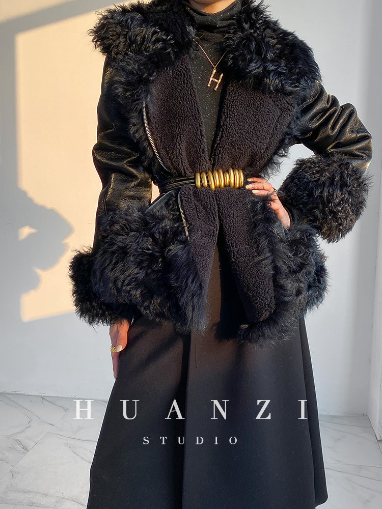 Huanzi custom craft winter fur one-piece wool lamb collar leather jacket - Sioed