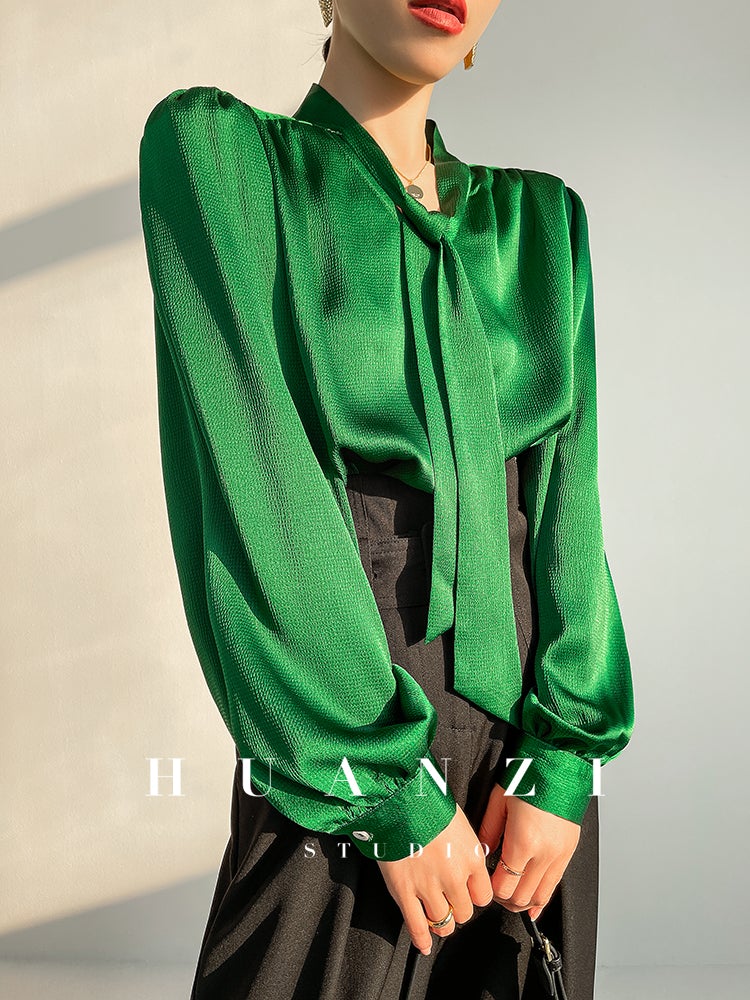 Huanzi new puff sleeves silk satin shirts top blouse - Oitr