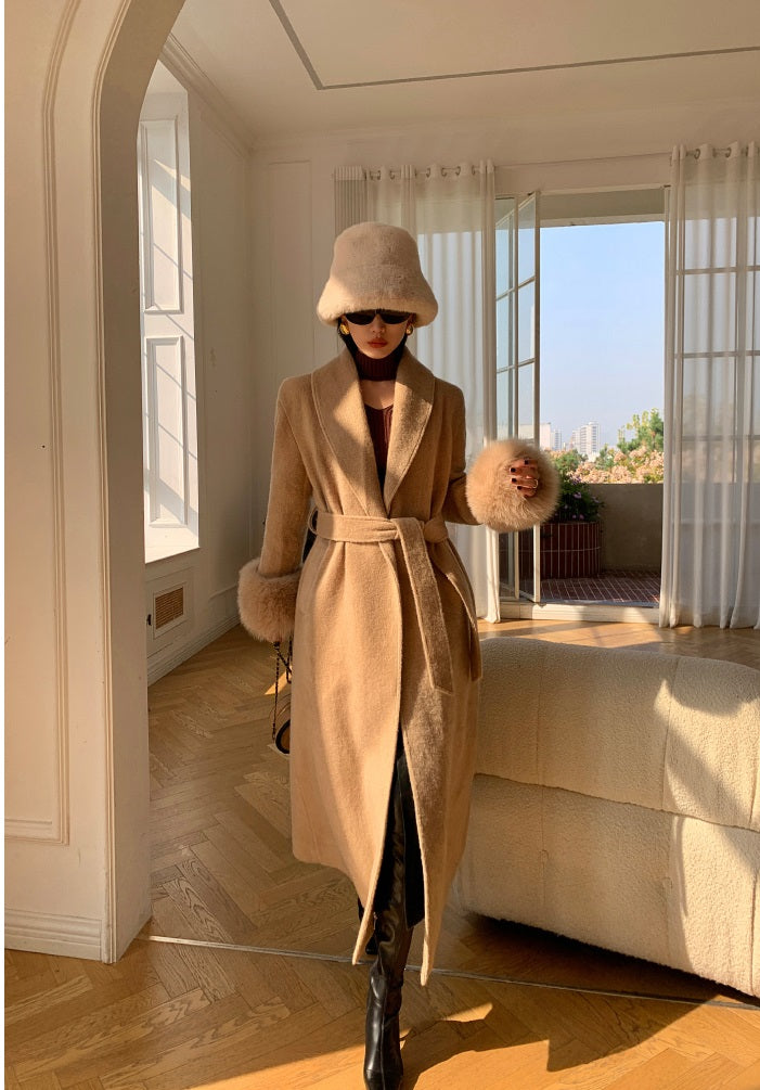 Beige WANXO vegann fur waist tie woolen coat new fashion medium and long woolen coat- Katy