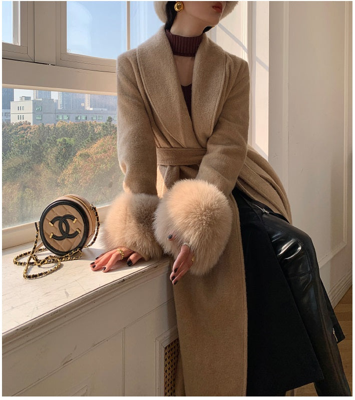 Beige WANXO vegann fur waist tie woolen coat new fashion medium and long woolen coat- Katy