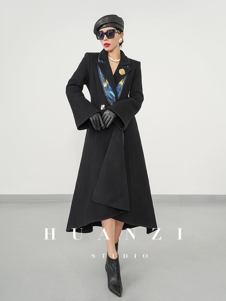 Huanzi custom double-sided cashmere coat women's black woolen coat fishtail slim fit and thin- Baty