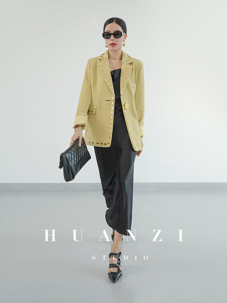 Huanzi new handmade micro-wide suit jacket with back slit straight-leg micro-launched trousers suit set- Emera