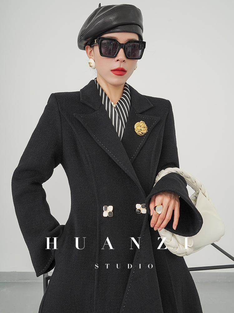 Huanzi custom double-sided cashmere coat women's black woolen coat fishtail slim fit and thin- Baty