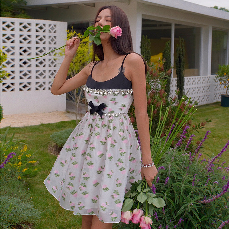 Three-dimensional oversized rhinestones print bow high waist dress- Tore