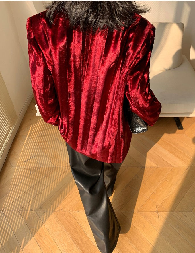 WANXO wine red acetate velvet suit jacket new high-end silhouette coat- Serena