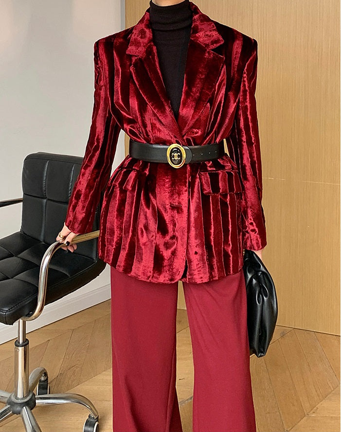 WANXO wine red acetate velvet suit jacket new high-end silhouette coat- Serena