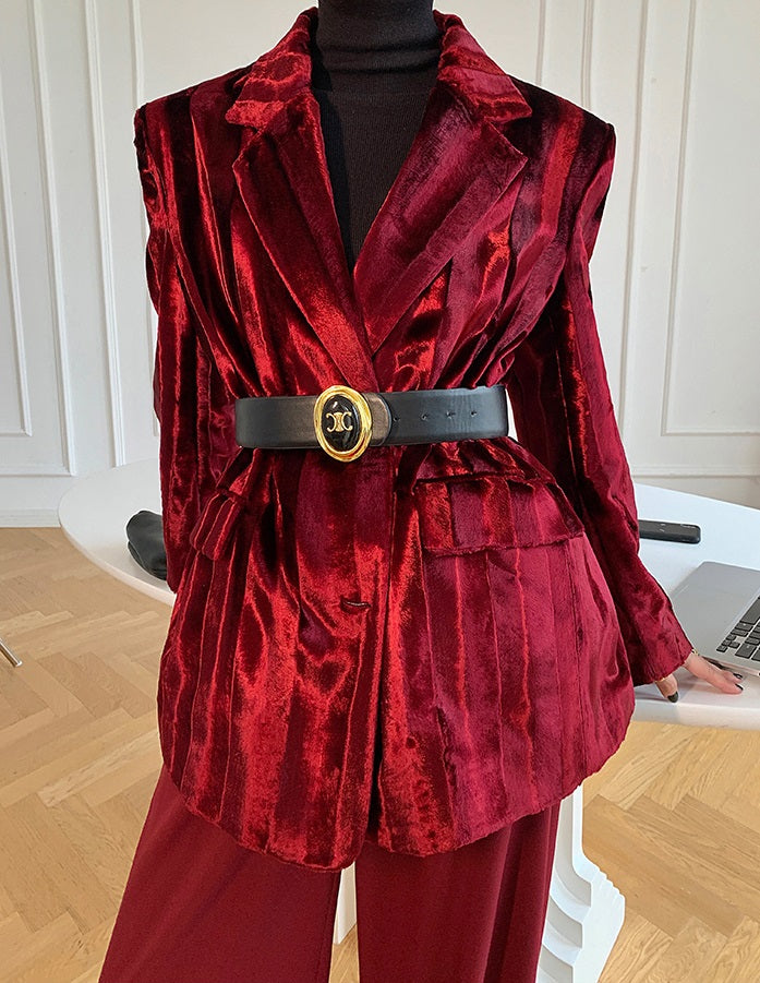 WANXO wine red acetate velvet suit jacket new high-end silhouette coat- Serena