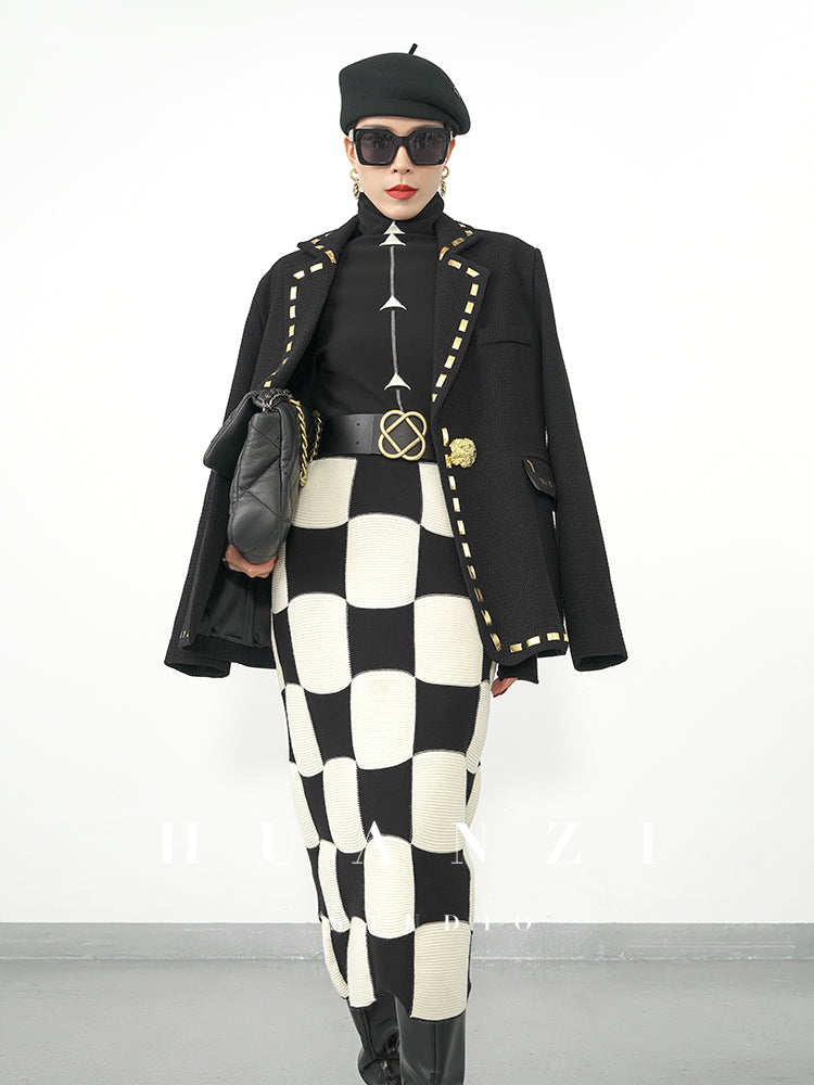 Huanzi classic black and white checkerboard high waist slim knitted fishtail skirt for women- Tiloa