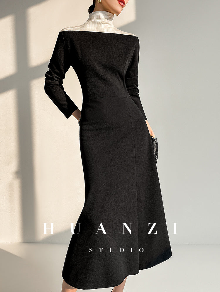 Huanzi new elegant classic black high turtle neck dress - Kios