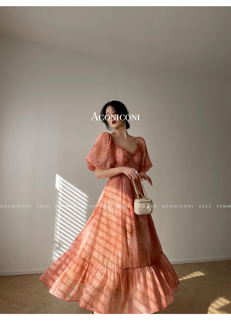 Aconiconi|French retro vintage high-end print v-neck puff sleeve midi dress - Firework