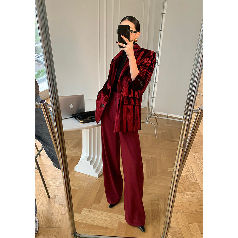 WANXO wine red acetate velvet suit jacket new high-end silhouette coat- Serena