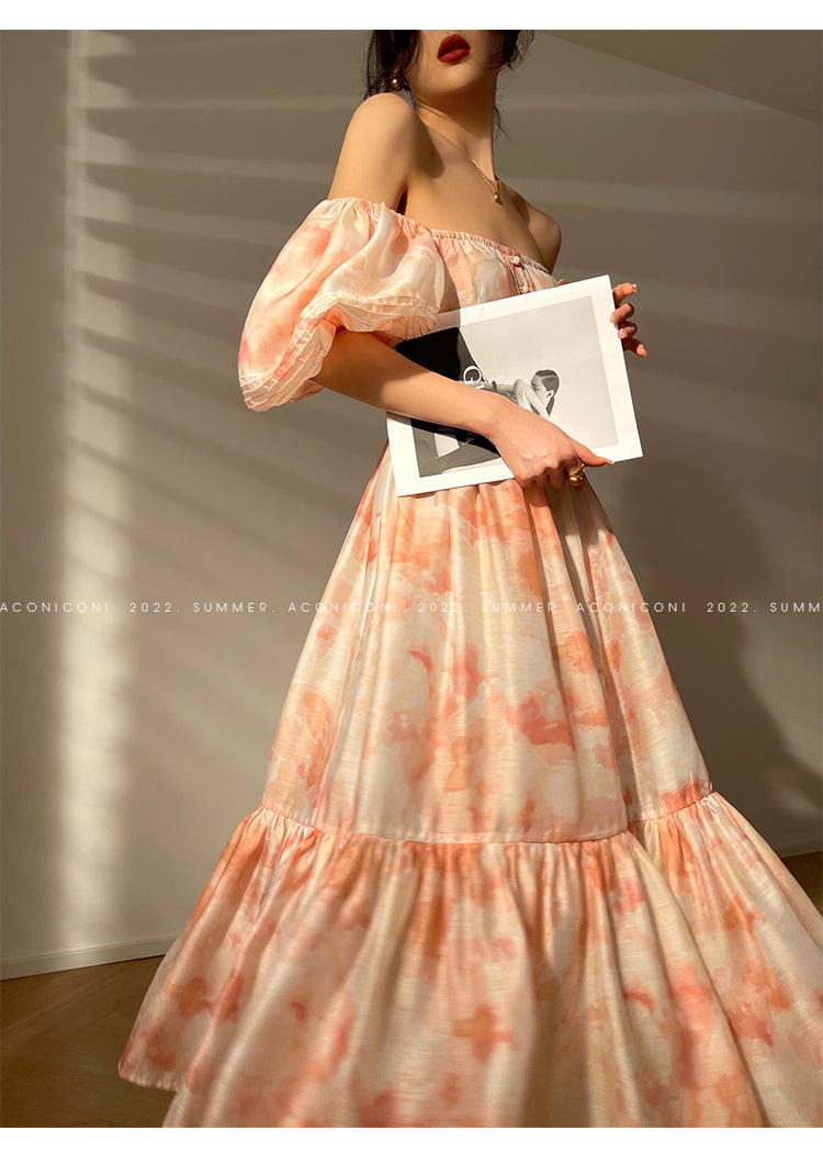 Aconiconi|Romantic elegant French puff sleeve off-shoulder high-end midi dress - Flower Moon