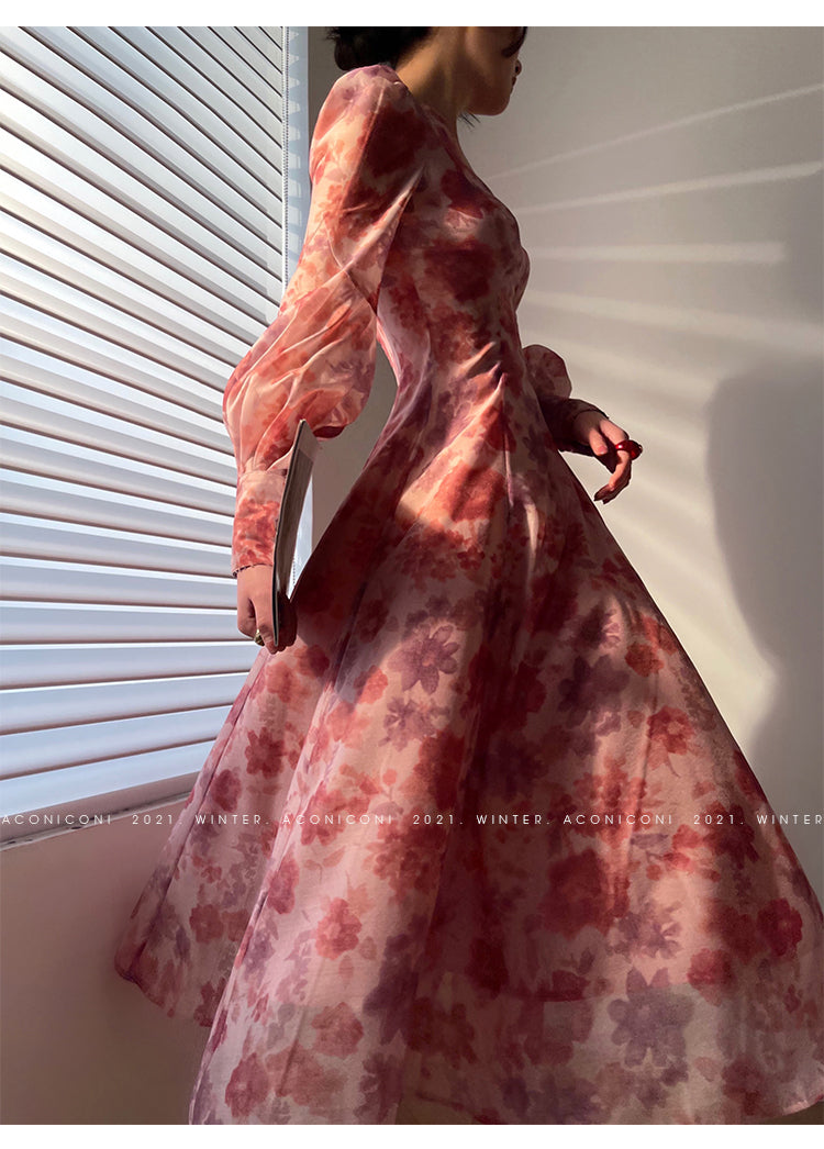 Aconiconi|Romantic French print luxury handmade haute couture beaded v-neck midi dress - Pilore