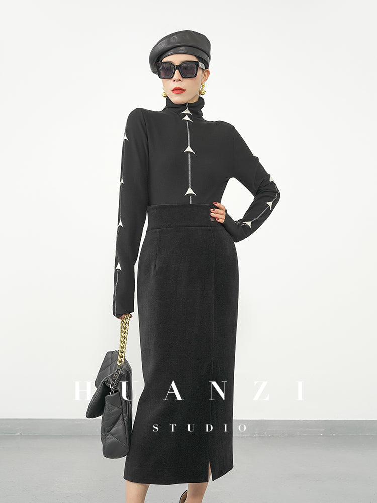 Huanzi new French velvet fashionable high waist slim and small slit skirt female- Elvin