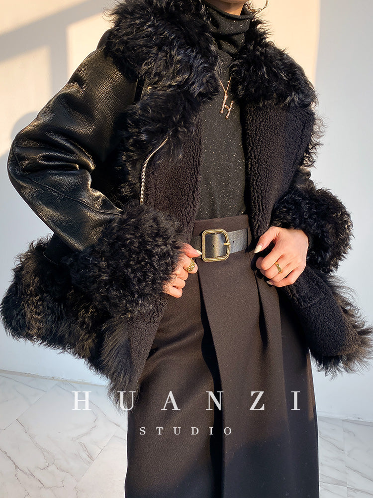 Huanzi custom craft winter fur one-piece wool lamb collar leather jacket - Sioed