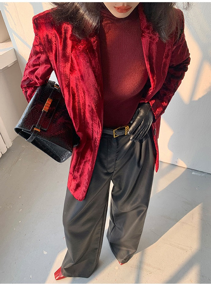 WANXO wine red acetate velvet suit jacket new high-end silhouette coat- Serena
