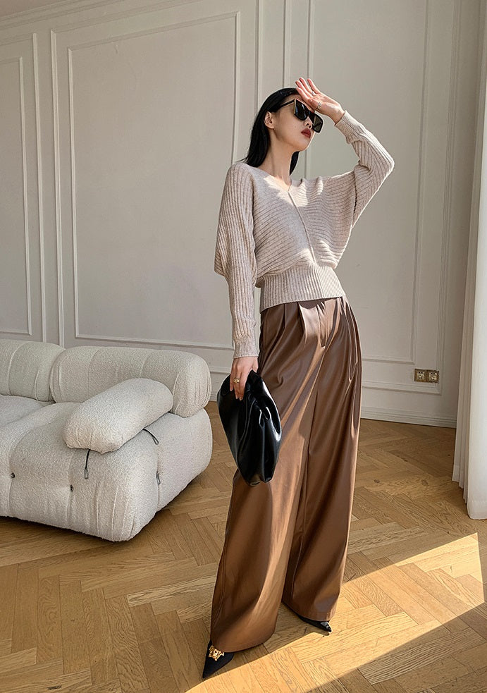 WANXO red retro vegan leather pants new high waist wide leg pants casual straight mopping trousers- Liliana