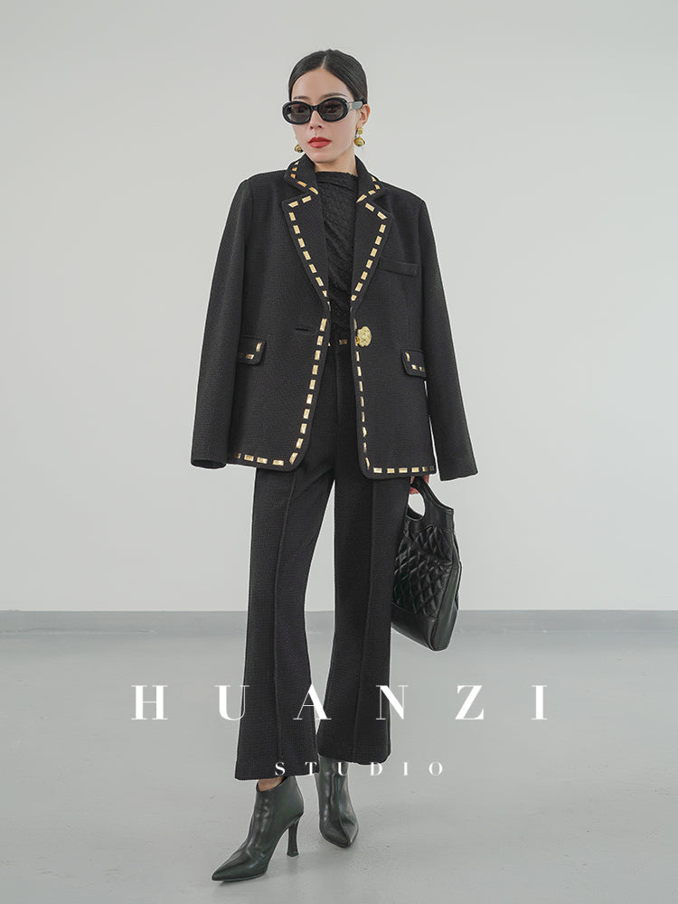 Huanzi new handmade micro-wide suit jacket with back slit straight-leg micro-launched trousers suit set- Emera