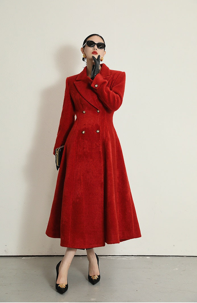 WANXO French red Hepburn style woolen coat new waist and thin long woolen coat- Crissy