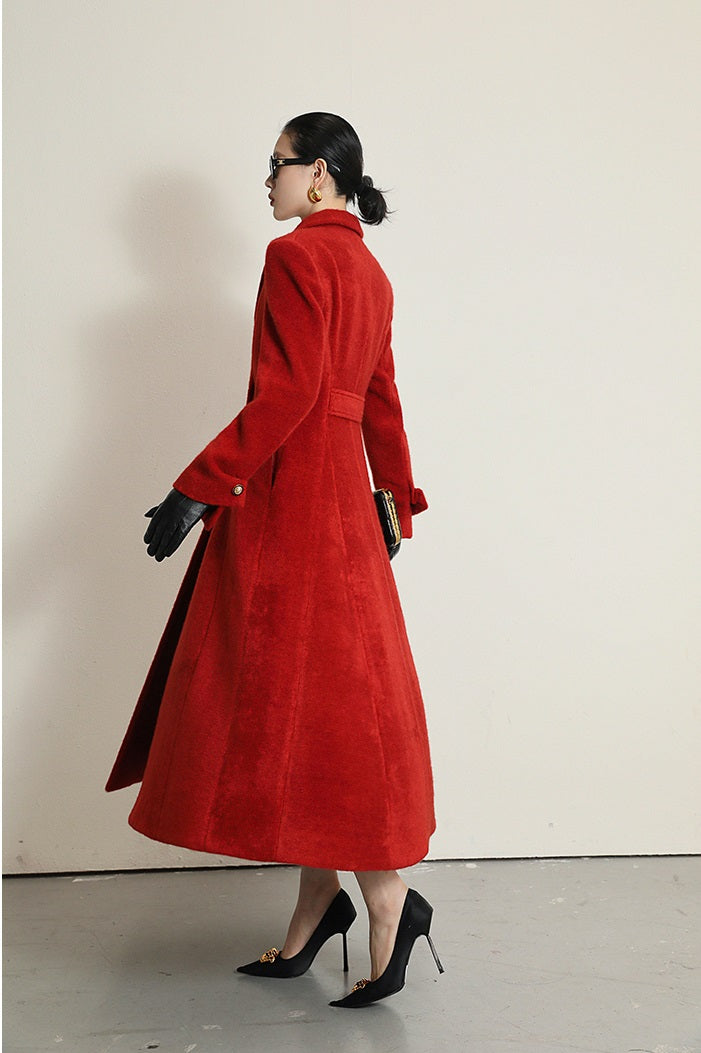 WANXO French red Hepburn style woolen coat new waist and thin long woolen coat- Crissy