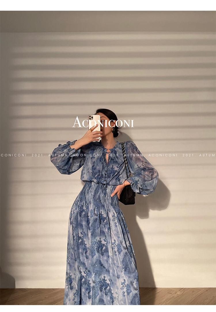 Aconiconi|French elegant blue print spring summer dress - hiju