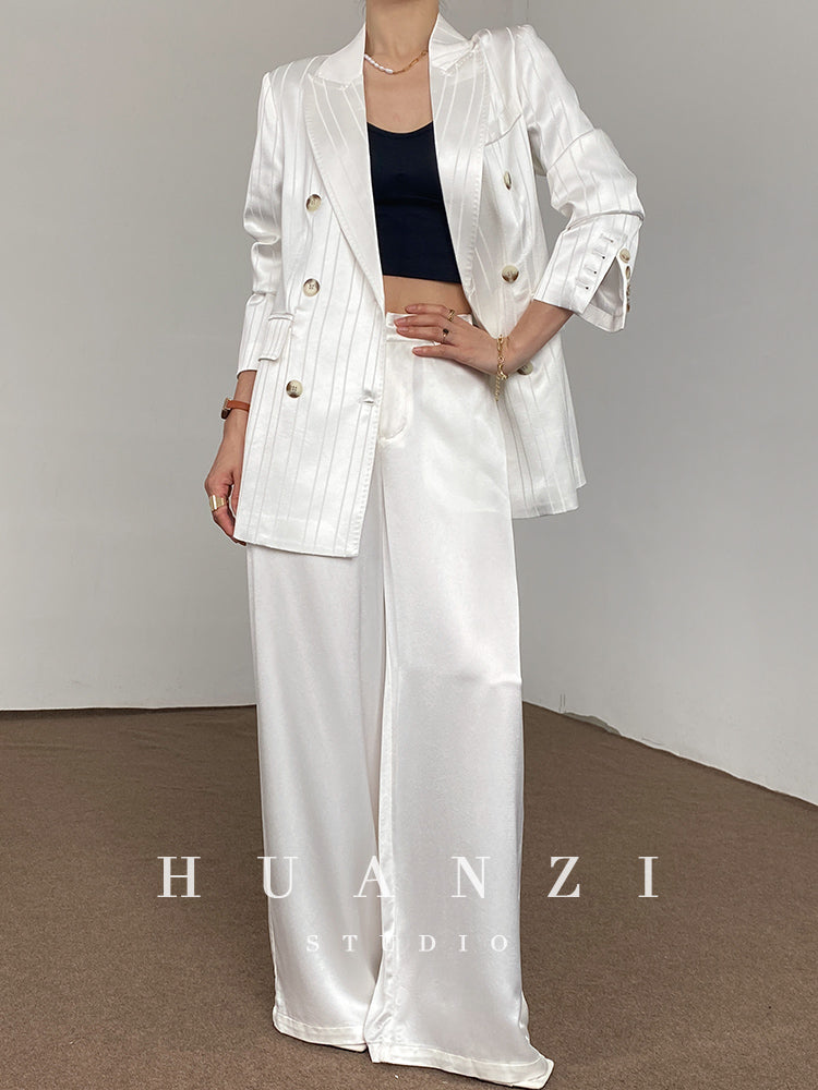 Huanzi high end tri-acetic satin drape high-end suit white silk blazer suit -Bioba