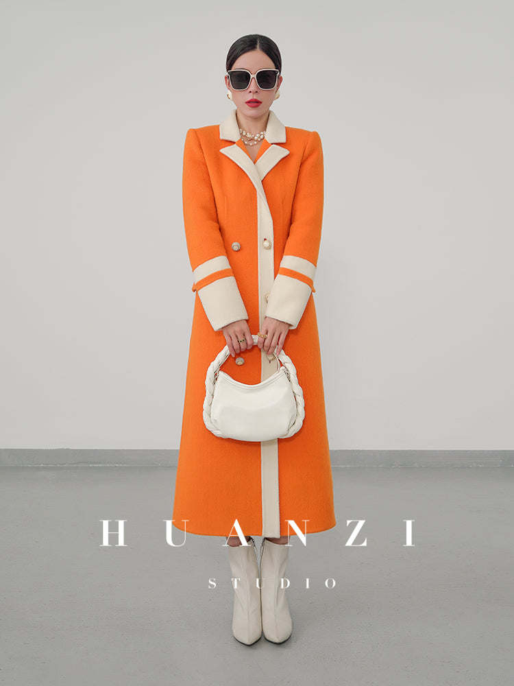 Huanzi high-grade contrasting color double-sided cashmere woolen coat new autumn and winter waist waist long- Trina