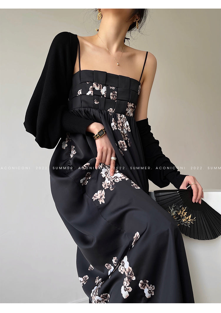 Aconiconi|Luxury French japanese retro print tube top suspender loose dress - Kimiko