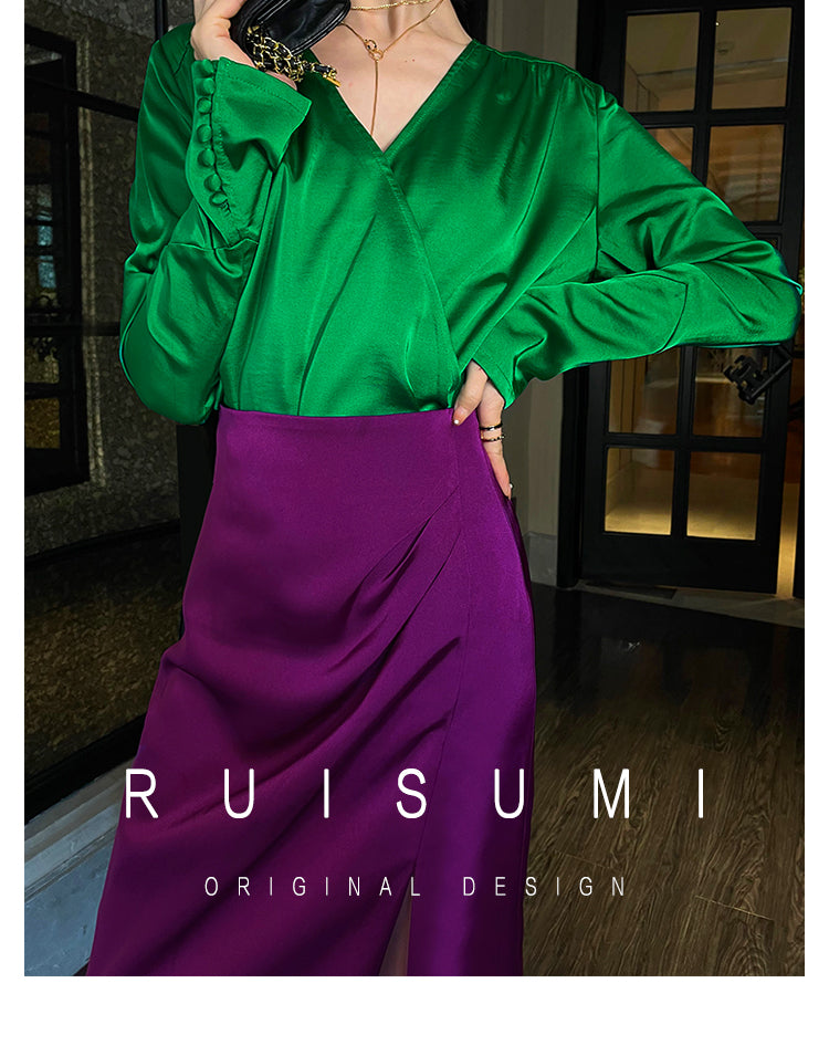 Retro jewel green V-neck shirt top + pencil slit pleated purple skirt suit set - Natu
