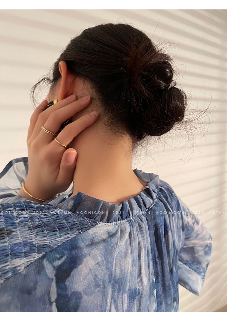 Aconiconi|French elegant blue print spring summer dress - hiju