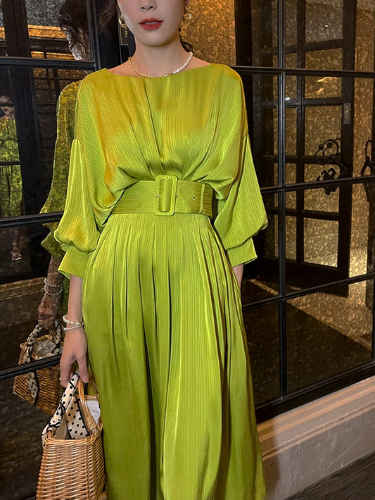 French romantic light luxury satin pleated waist lantern bat sleeve midi tea dre - Aplss