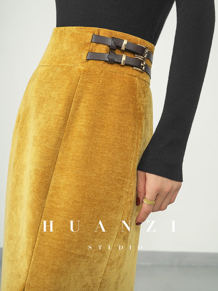 Huanzi new French velvet fashionable high waist slim and small slit skirt female- Elvin