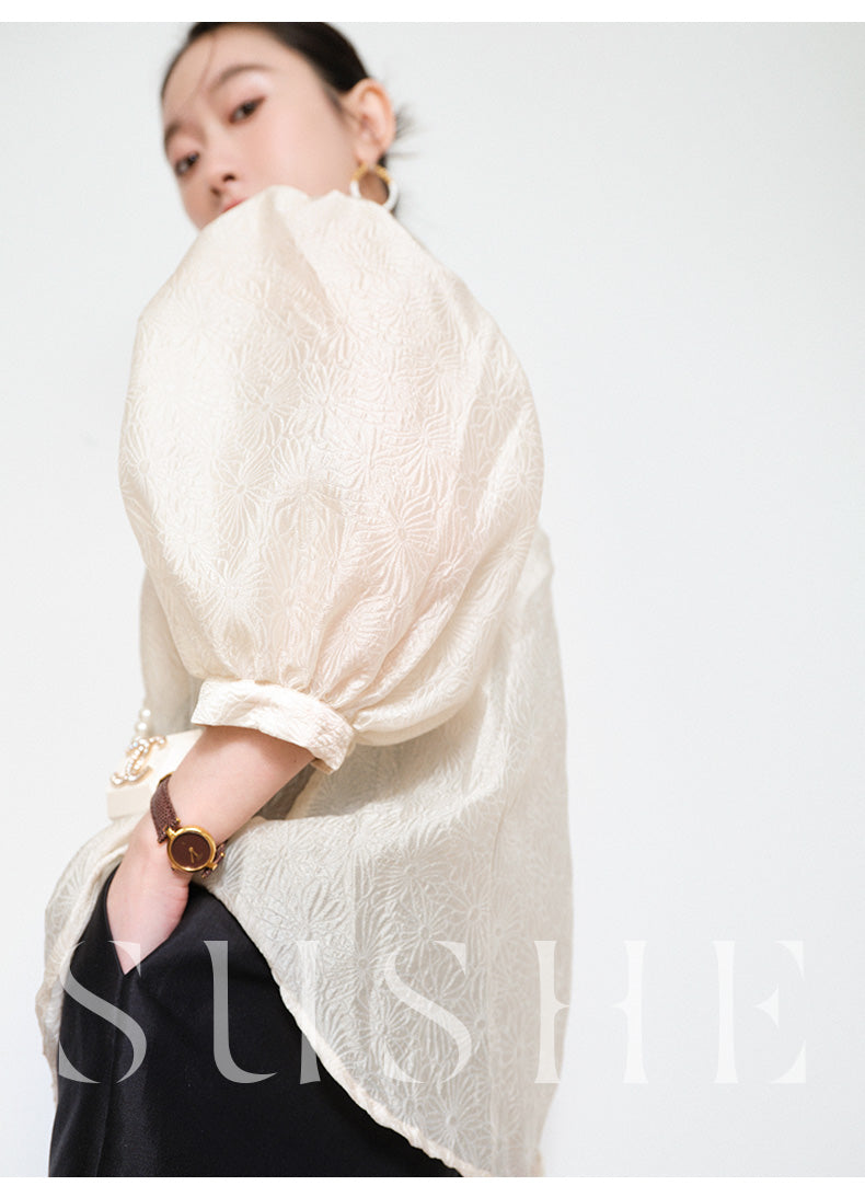 Sushe pattern embossed Chinese style buckle slim top shirt -iota