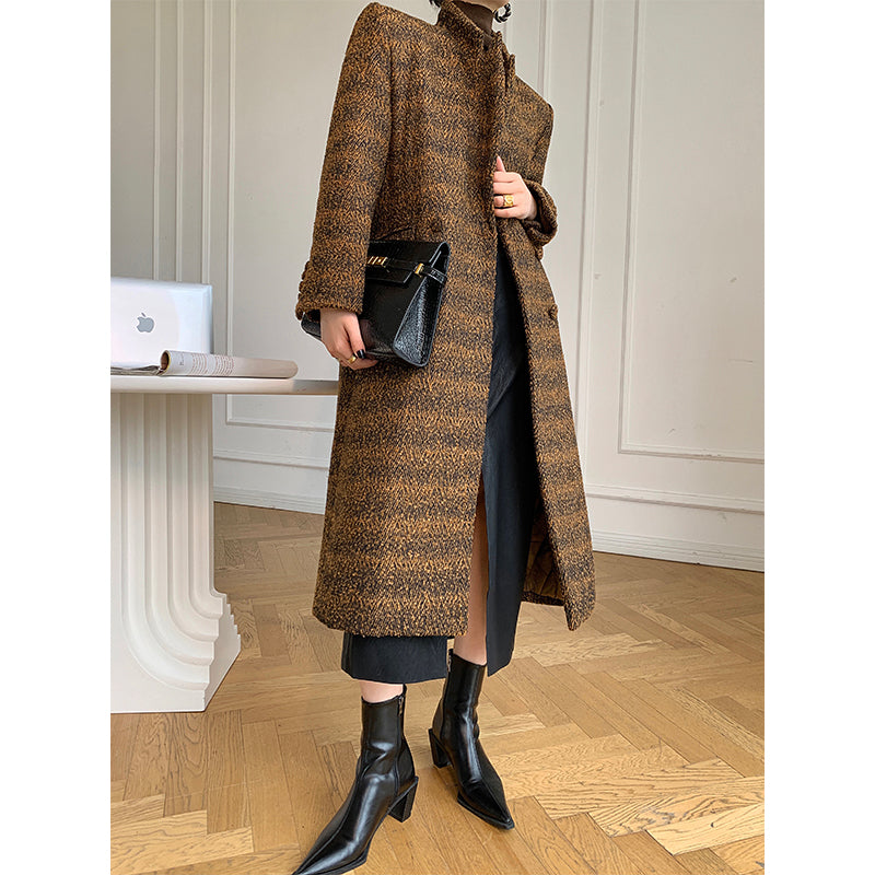 Brown WANXO coffee color herringbone quilted woolen coat new mid-length suit coat- Passion