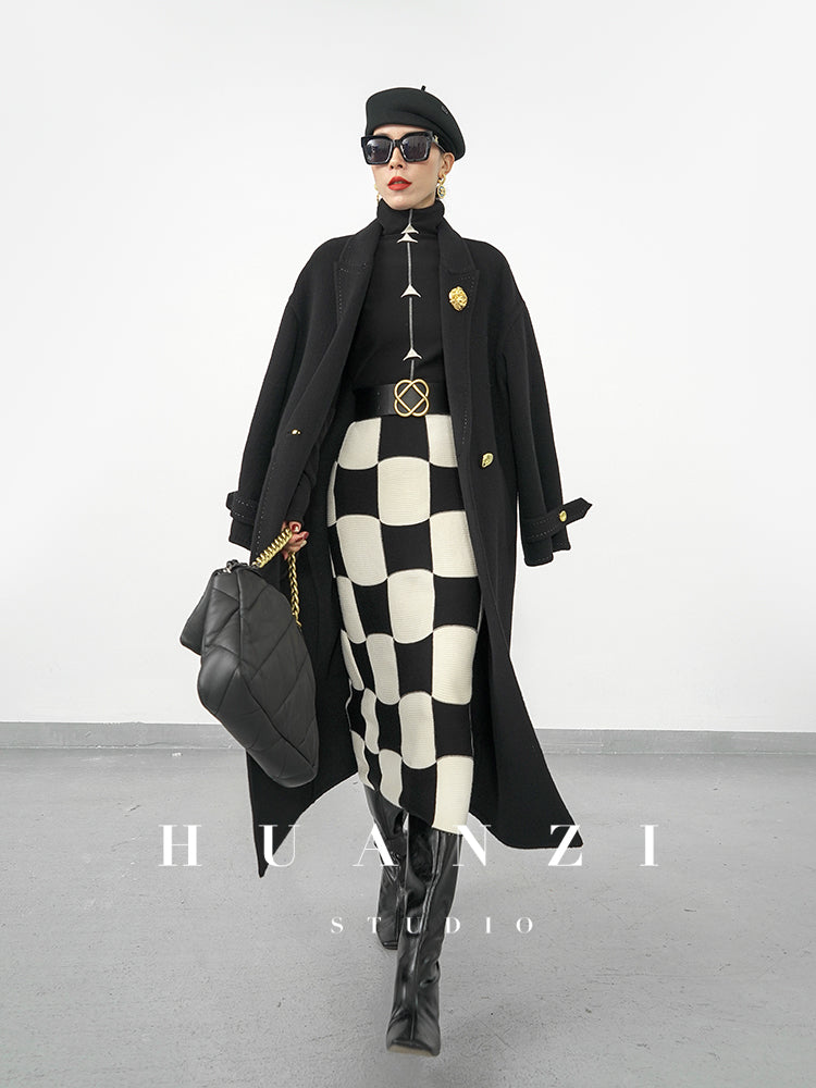 Huanzi classic black and white checkerboard high waist slim knitted fishtail skirt for women- Tiloa