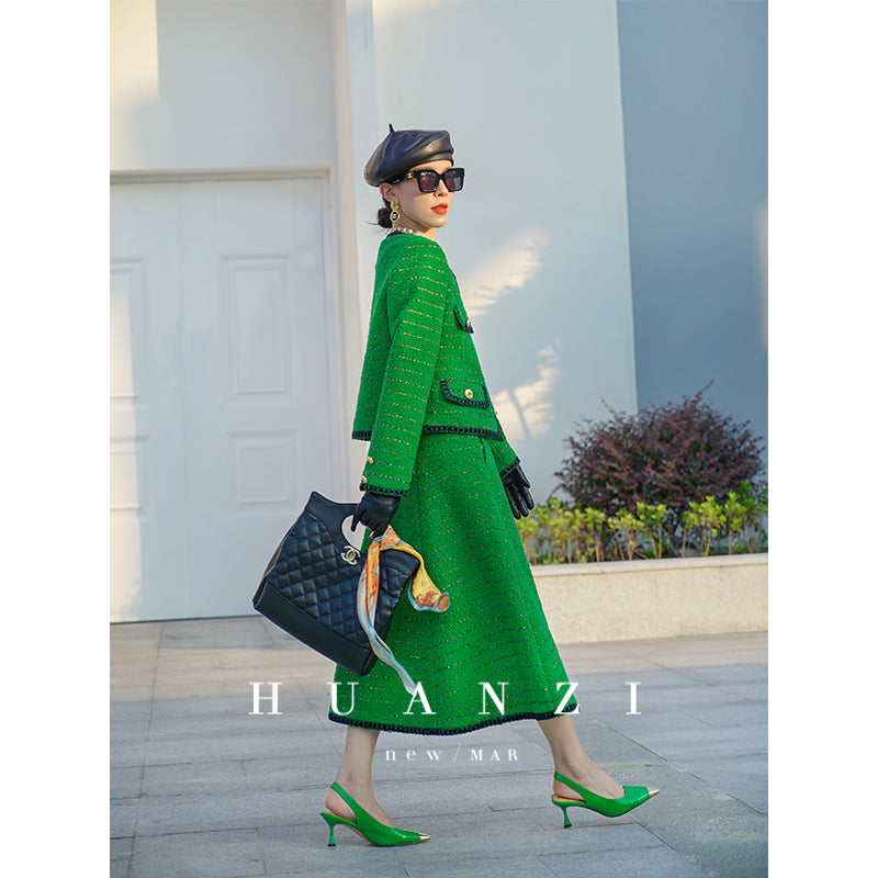 Huanzi tweed wool small suit autumn and winter new green short coat suit set- Lilibeth