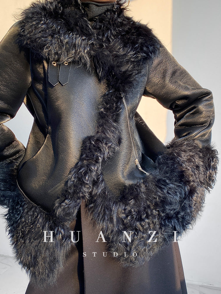 Huanzi custom craft winter fur one-piece wool lamb collar leather jacket - Sioed