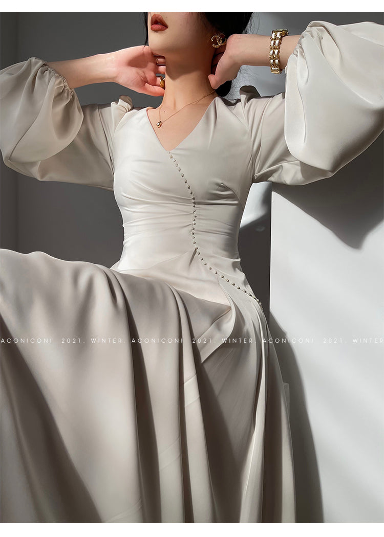 Aconiconi｜Classic Simple French Tea Break Light Luxury High Sense Dress Long Skirt- Eloisa